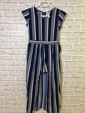 Japna kids Girls Navy and White Striped Jumpsuit shorts and cape dress size 10